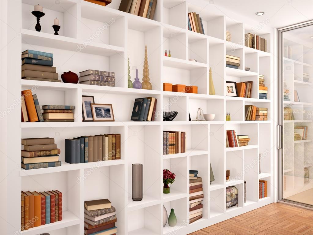 3d illustration of White shelves in the interior with various ob