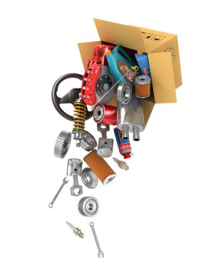 Oto yedek parça karton kutular içinde. Otomotiv sepet Dükkanı. Otomatik 