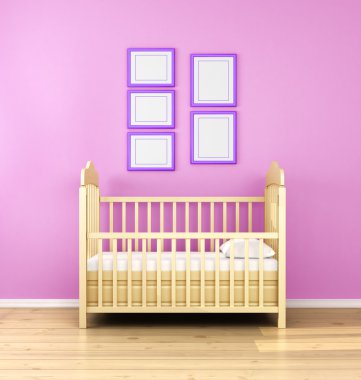 Çocuk odası iç. Ön görünüm. 3D render. 