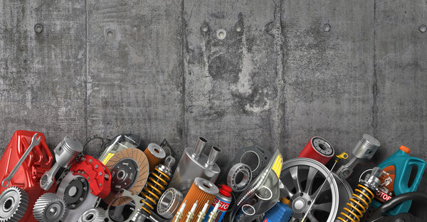 Border of auto parts on concrete wall. Auto service.