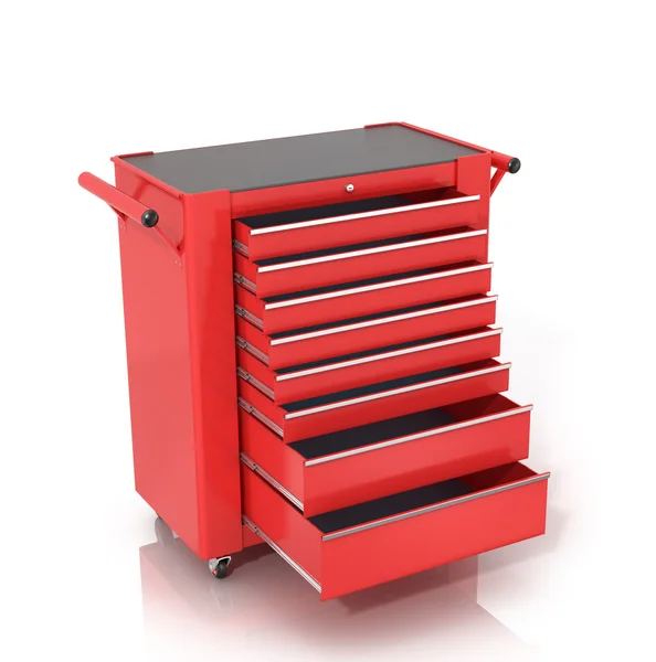 Roter Werkzeugkasten auf Rädern mit offenen Schubladen isolierter weißer Untergrund — Stockfoto