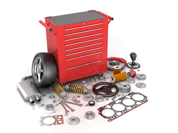 Caixa de ferramentas vermelha com espalhados ao redor das peças do veículo isolado em — Fotografia de Stock