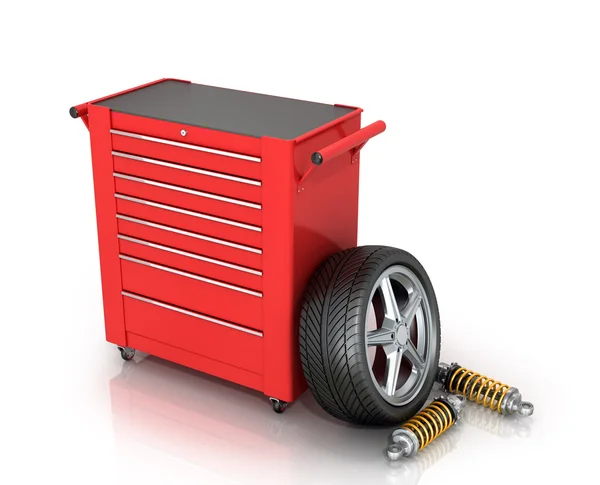 Caixa de ferramentas vermelha de peças de carro isolado fundo branco . — Fotografia de Stock