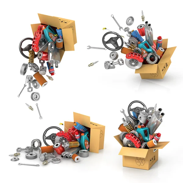 Set it auto parts in the cardboard boxes. Automotive basket shop — Stock Photo, Image