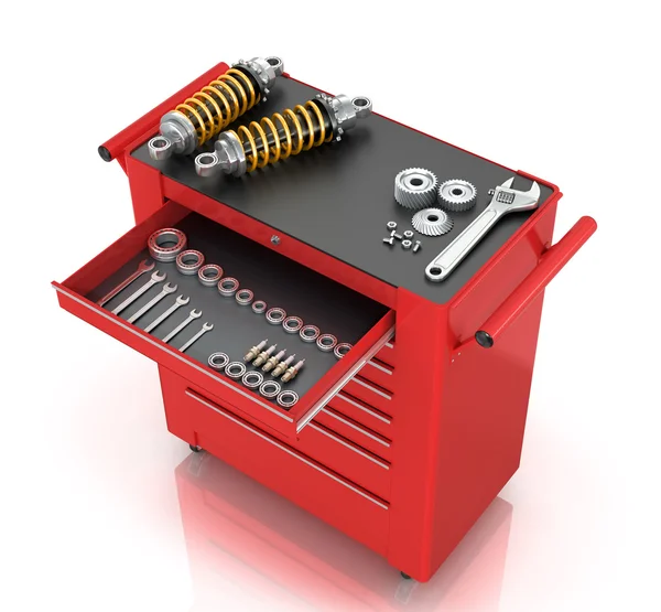 Red tool box of car parts isolated white background. — Stock Photo, Image