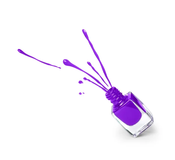 Purple nail polish bottle with splash isolated on white — Stock Photo, Image