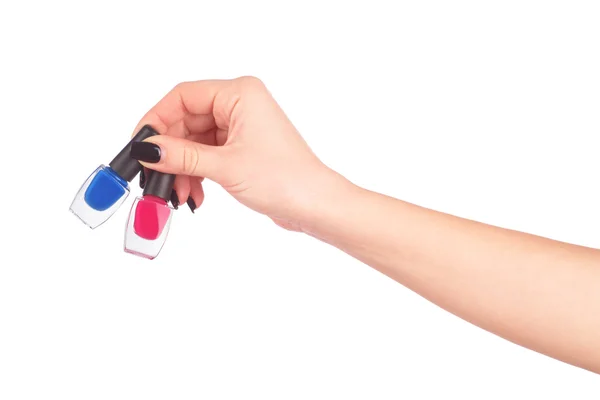 Manos de mujer con esmaltes de uñas aislados en blanco — Foto de Stock