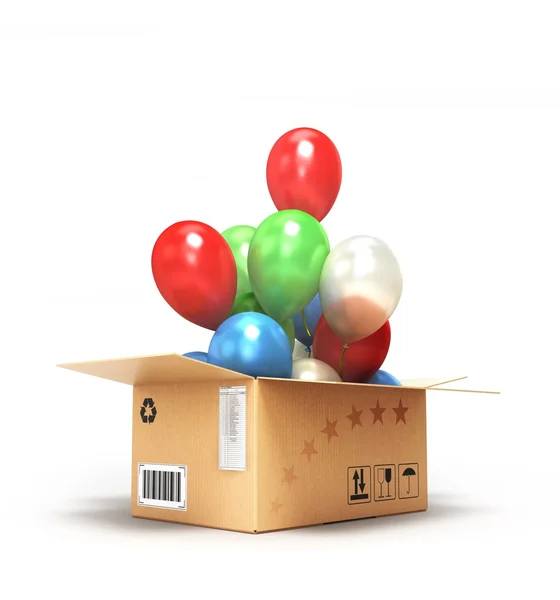 Colored balls fly out of the box isolated on white — Stock Photo, Image