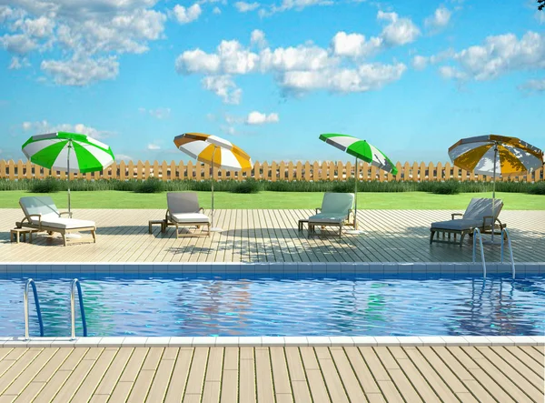 3d illustration of backyard with pool and sun loungers — Stock Photo, Image