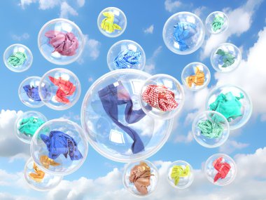 clothing in soap bubbles on sky background concept of washing clipart