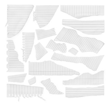 Not kağıdı beyaz arka plan üzerinde çeşitli parçalar topluluğu. 