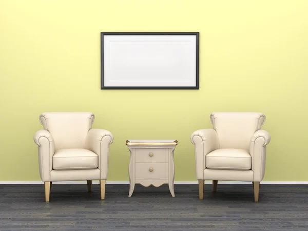 Twee fauteuils met nachtkastje op een achtergrond van gele muur — Stockfoto