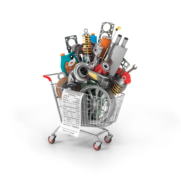 Auto parts in the trolley. Auto parts store. Automotive basket s — Stock Photo, Image