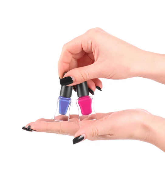 Manos de mujer con esmaltes de uñas aislados en blanco — Foto de Stock