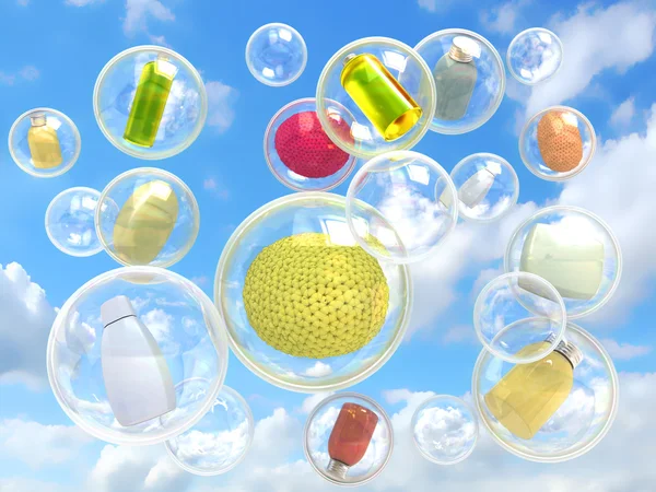 Higiene volando en burbujas de jabón concepto de pureza y autocuidado — Foto de Stock
