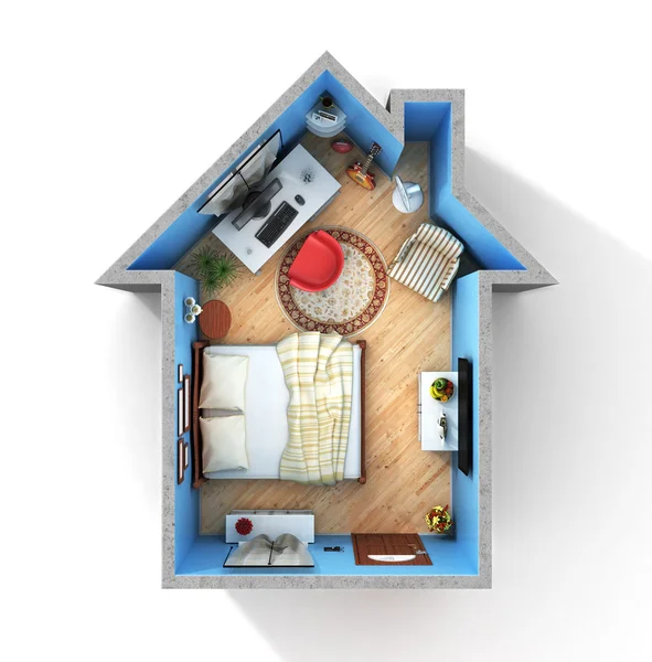 Concept of home. Flat full of things in form of house in top vie — Stock Photo, Image