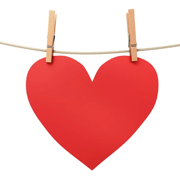 Paper heart attached to a rope clothespin — Stock Photo, Image