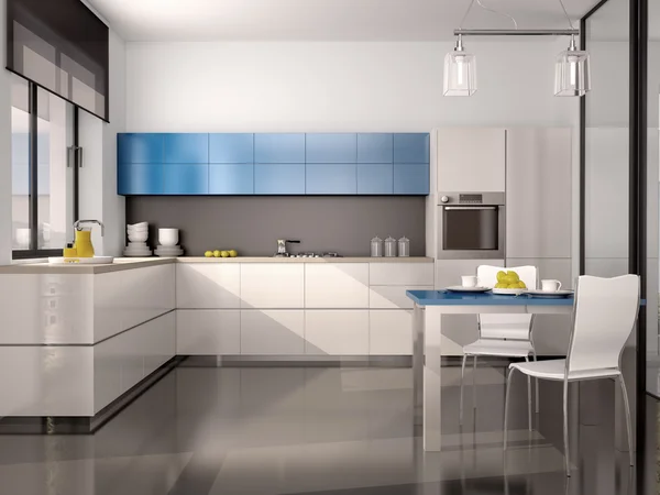 3d ilustración del interior de la cocina moderna en blanco azul gris —  Fotos de Stock