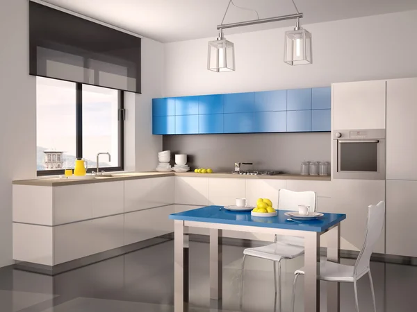 Ilustração 3d do interior da cozinha moderna em branco azul cinza — Fotografia de Stock