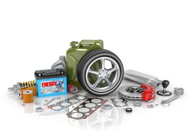 Otomotiv parçaları izole beyaz arka plan büyük bir set.