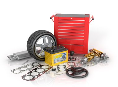 Otomotiv parçaları ve araç kiti izole beyaz geri büyük bir set