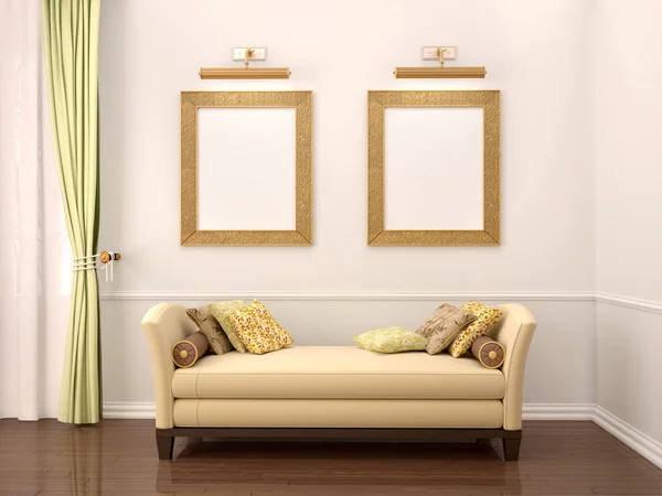 3d illustrazione di interni confortevoli, due cornici sopra il sof — Foto Stock