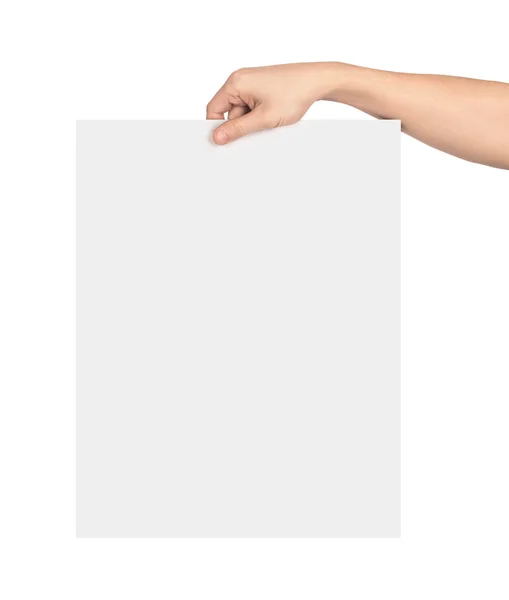 Uma mão segurando uma grande folha de papel em branco isolado em ba branco — Fotografia de Stock