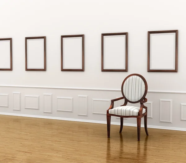 Gallery. A chair in the gallery near panelnoi wall with empty fr — Stock Photo, Image