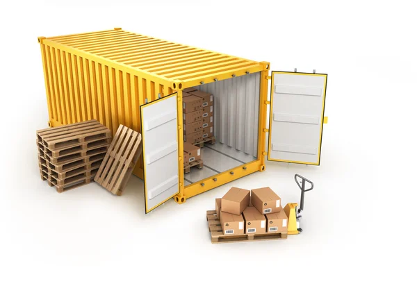 Öppen container lastpallar med lådor och hand lastbil isolerad på whi — Stockfoto