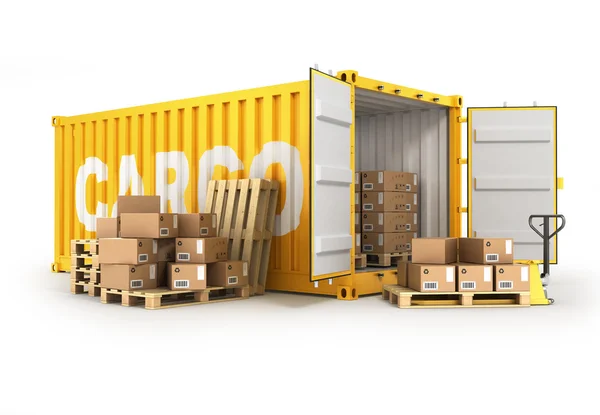 Open container pallets with boxes and hand truck isolated ower w — Stok Foto