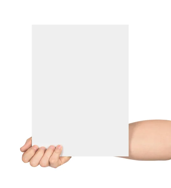 Ręka trzyma pusty arkusz papieru na białym tle — Zdjęcie stockowe