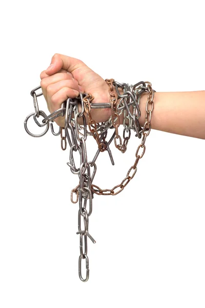 Man's hand and a metal chain on white background — Stock Photo, Image