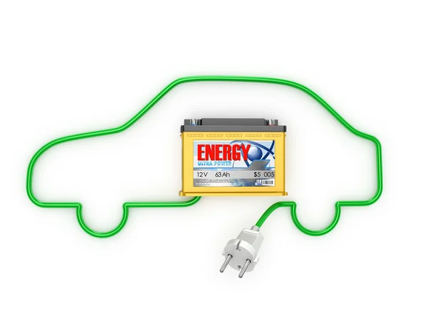 Baterias de automóvel com um cabo elétrico em uma silhueta de carro , — Fotografia de Stock