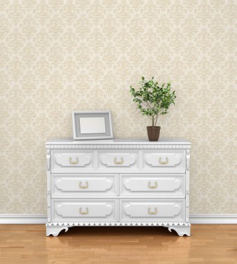 İç şifoniyer yakınındaki boş mavi duvar ile. 3D render.