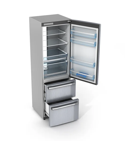 Geïsoleerde geopende lege koelkast op witte achtergrond — Stockfoto