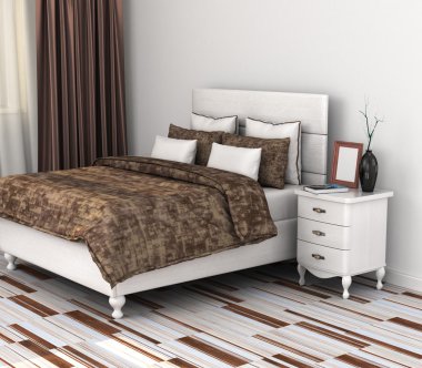 Modern yatak odası. 3D çizim