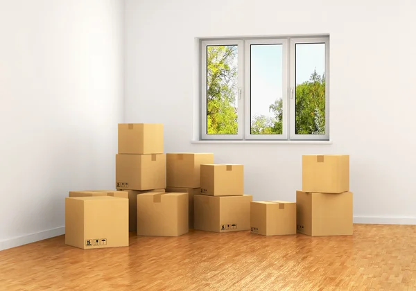 Habitación vacía con una ventana y paredes blancas con cartón en movimiento b — Foto de Stock