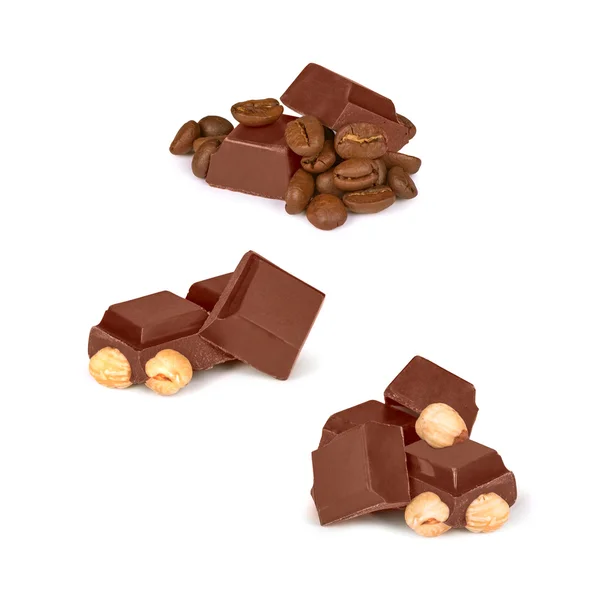 Broken chocolate bar set isolated on white — Stock Photo, Image