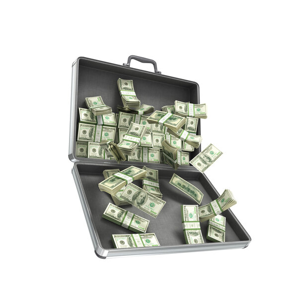 3d иллюстрация открытого металлического футляра с деньгами изолированы на белом bac
