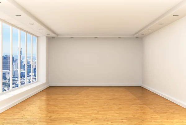 Порожня кімната, панорамні вікна і паркетна підлога в просторому будинку — стокове фото
