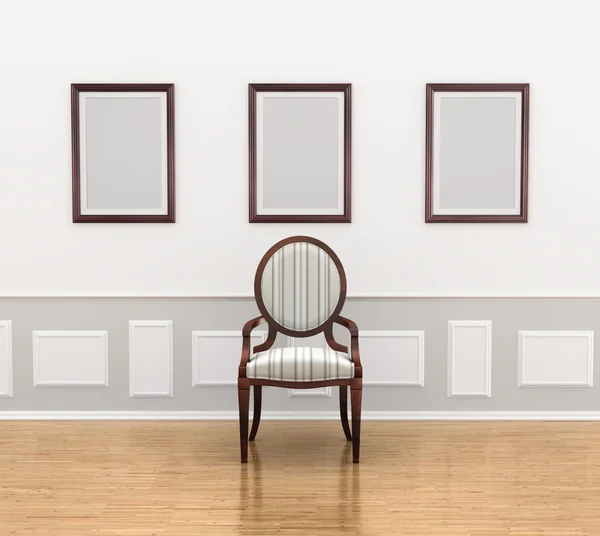 Gallery 3D illustration. Chair near the gallery wall panels — Stock Photo, Image