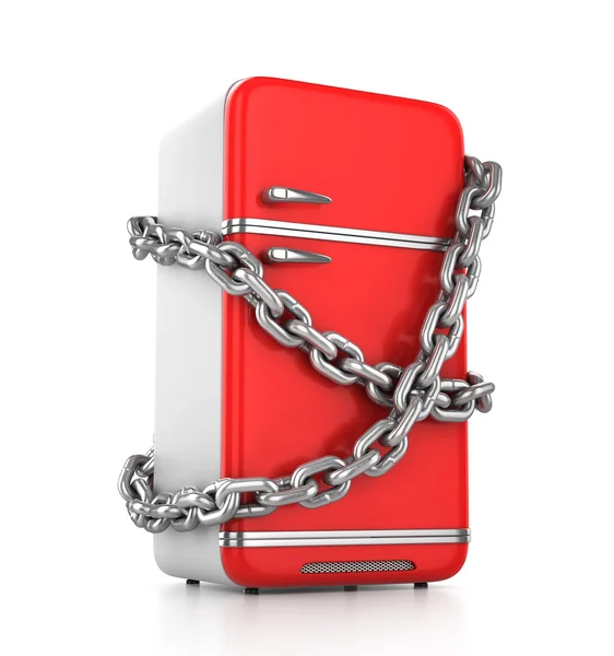 Closed vintage red fridge with chain around it - diet concept. 3 — Stock Photo, Image