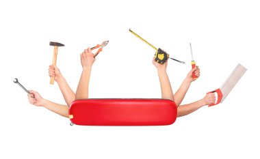 Swiss knife with hands that hold a variety of tools isolated on  clipart