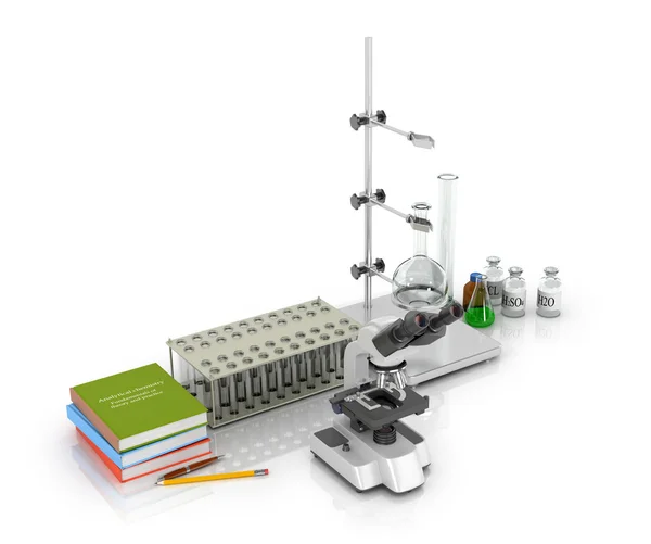 Laboratorieutrustning med böcker och microscope.3d illustration — Stockfoto