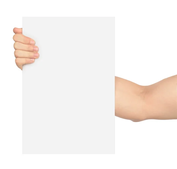 Mão segurando cartão em branco isolado no branco — Fotografia de Stock