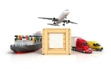 3D render, farklı işletim modundan birinde taşıma git bir ahşap kutu