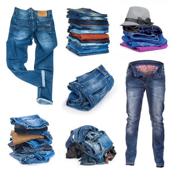 Sada džíny, kalhoty a džíny hromádky izolovaná — Stock fotografie
