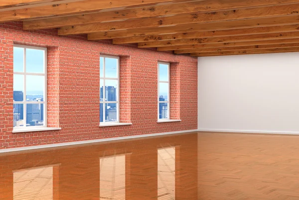 Großer leerer Raum mit großen Fenstern, Parkettböden und Holzbea — Stockfoto