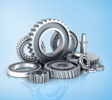 Dişliler ve yatakları izole mavi arka plan. 3D çizim.