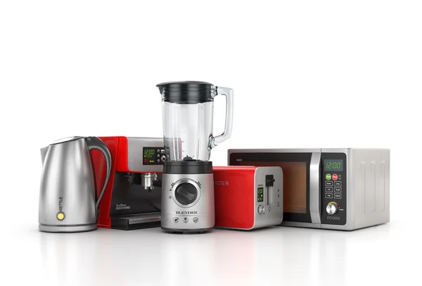 Köksmaskiner. Mixer, brödrost, kaffebryggare, vattenkokare och — Stockfoto